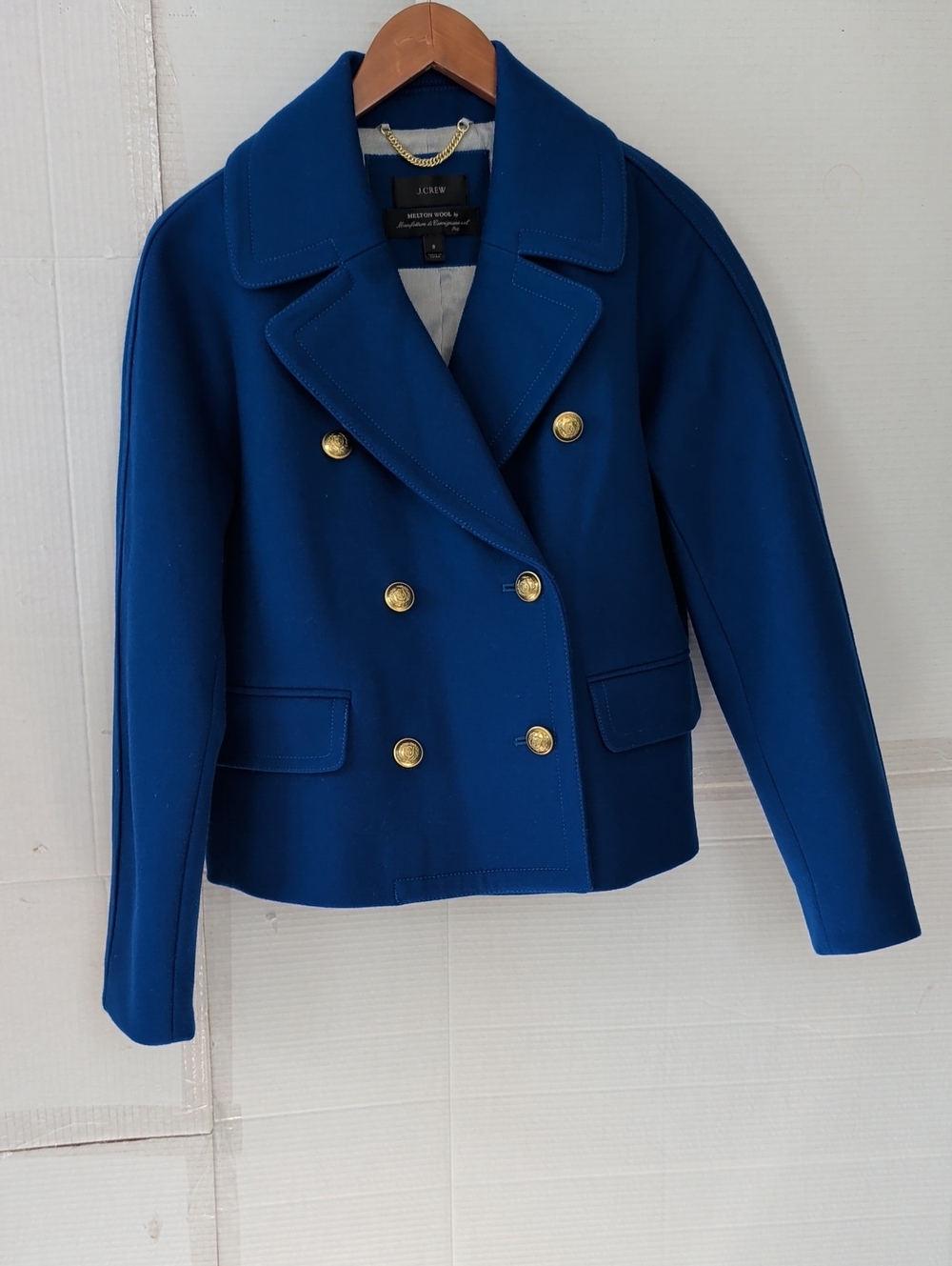 J. Crew Royal Blue Double-Breasted Pea Coat  Gold Buttons SZ 8 Formal Chic